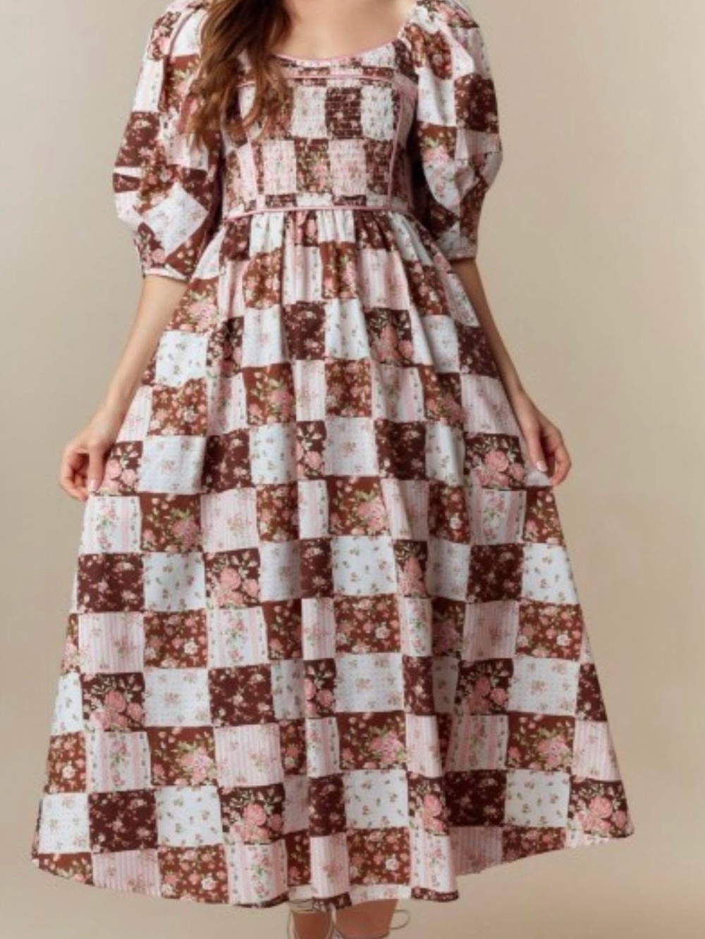 Peach Love California Brown & Pink Patchwork Floral Midi Dress